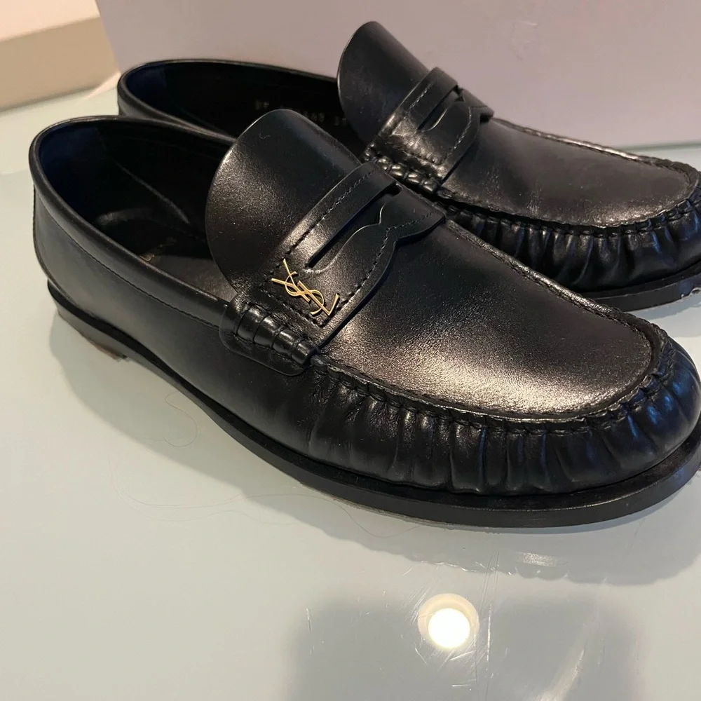 Saint Laurent Black Leather Penny Loafers with Gold Logo - Picture 8 of 10